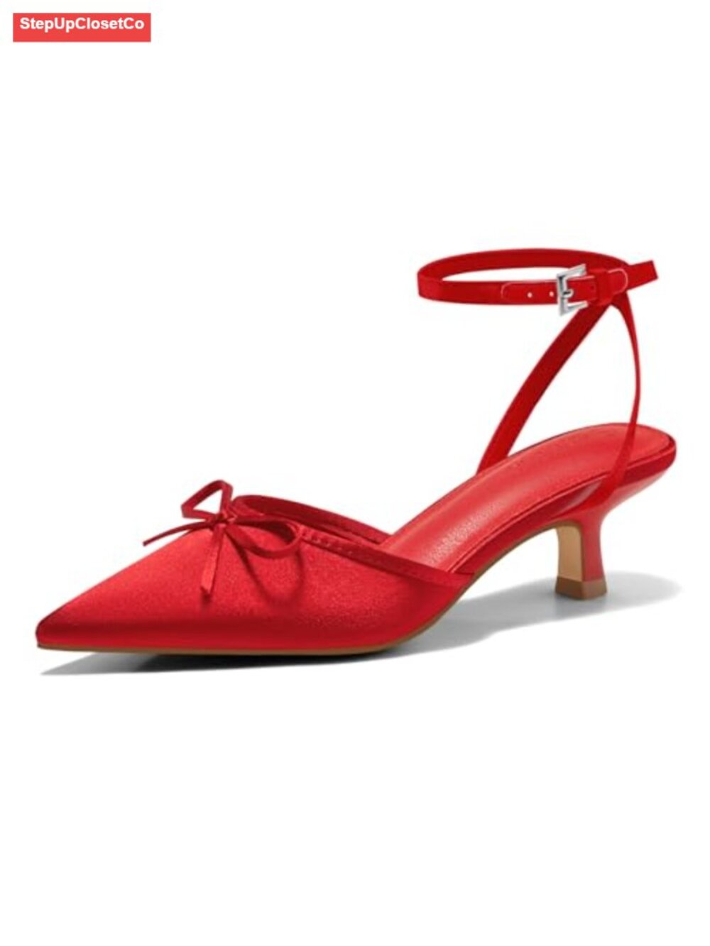 Satin Kitten Heels with Bow Pointed Toe Low Heels Pumps Wedding Shoes